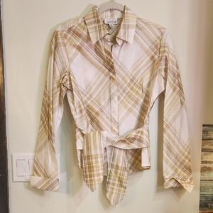 Coldwater Creek Beige Plaid Shirt with Tie Waist